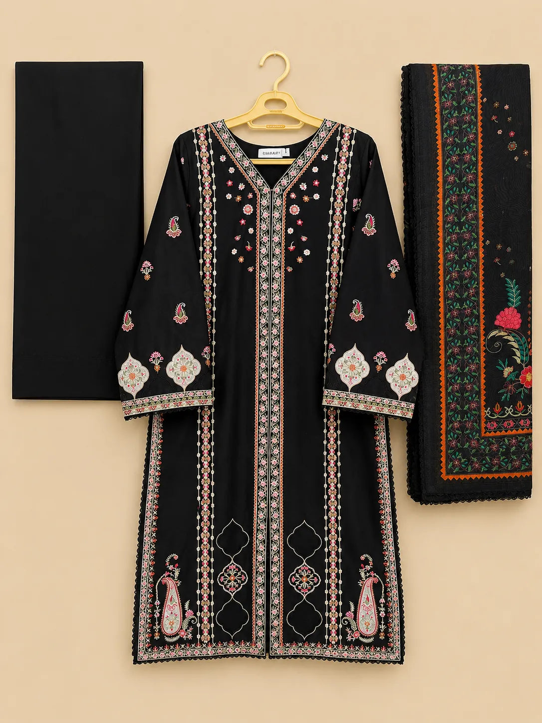 Black Embroidered Long Ambi/Paisley 3-Piece Stitched Suit with Printed Dupatta