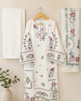 Off-White Floral Multi-Color Embroidered Lawn 3-Piece Stitched Long Suit with Imported Bamber Dupatta