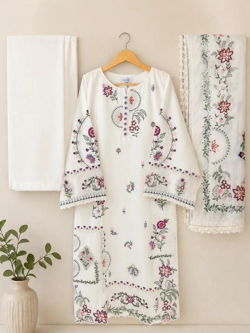 Off-White Floral Multi-Color Embroidered Lawn 3-Piece Stitched Long Suit with Imported Bamber Dupatta