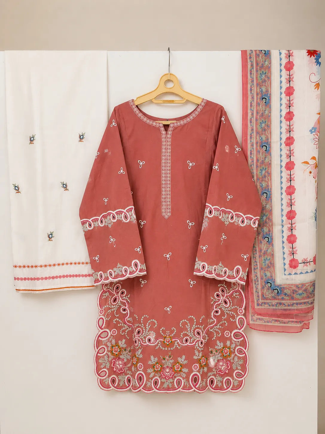 Salmon Pink Short Embroidered Lawn 3-Piece Stitched Suit with Cutwork Hem & Off-White Embroidered Trouser