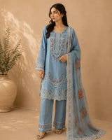 Ink Blue / Powder Blue Embroidered Short Kurti 3-Piece Stitched Suit with Wide-Leg Trousers & Floral Dupatta