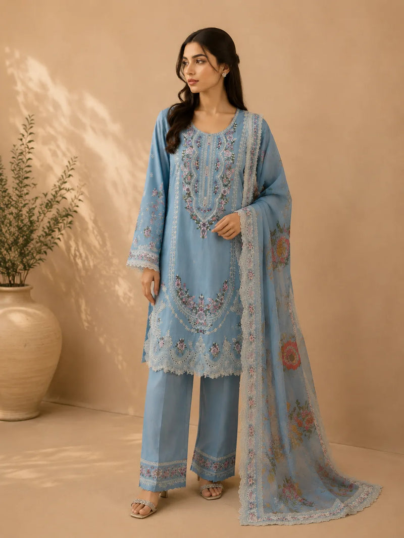 Ink Blue / Powder Blue Embroidered Short Kurti 3-Piece Stitched Suit with Wide-Leg Trousers & Floral Dupatta