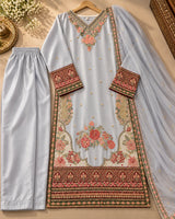 Ice Blue Embroidered 3 Piece Pakistani Suit with Maroon Cuffs & Dupatta