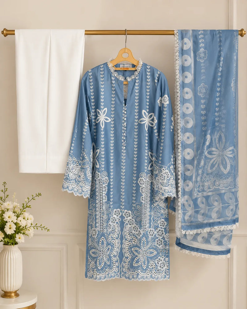 Powder Blue Floral Embroidered 3-Piece Stitched Lawn Suit with White Trousers & Dupatta
