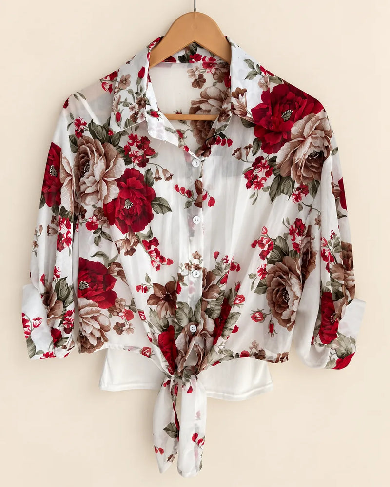 Women's Red Floral Printed Georgette Tie-Front Shirt with White Camisole