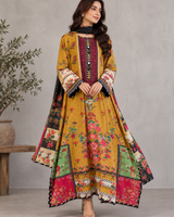 Mustard Yellow Colorful Floral Lawn Kaftan 3 Piece Suit | Embroidered Placket & Patchwork Borders