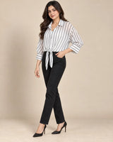 Women's Black & White Striped Georgette Tie-Front Shirt with White Camisole