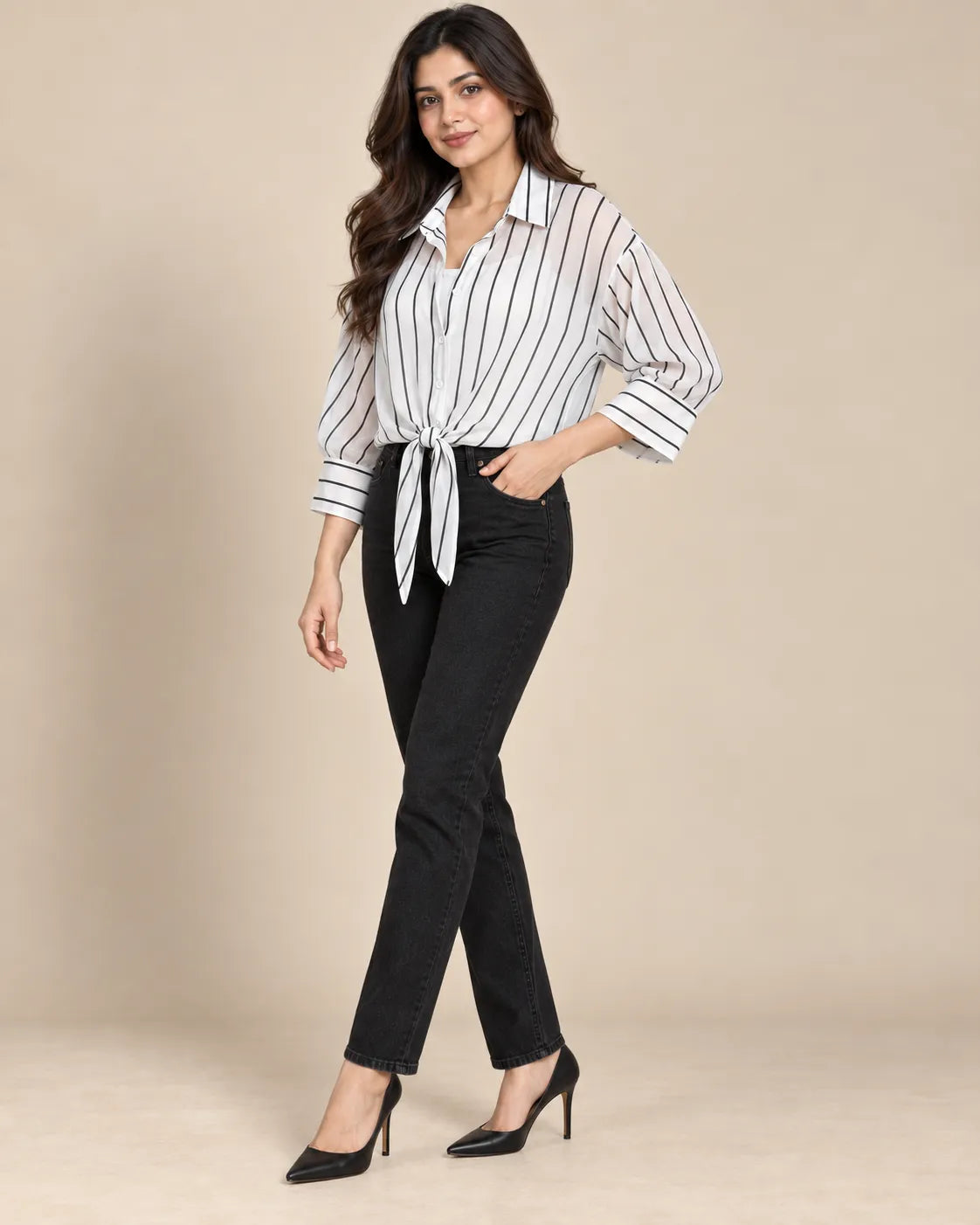 Women's Black & White Striped Georgette Tie-Front Shirt with White Camisole