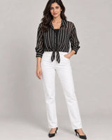 Women's Black & White Vertical Striped Georgette Tie-Front Shirt with Black Camisole