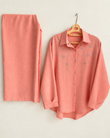 Peach Pink Crinkle Georgette 2-Piece Co-Ord Set with Embroidered Star Accents & Wide-Leg Trousers