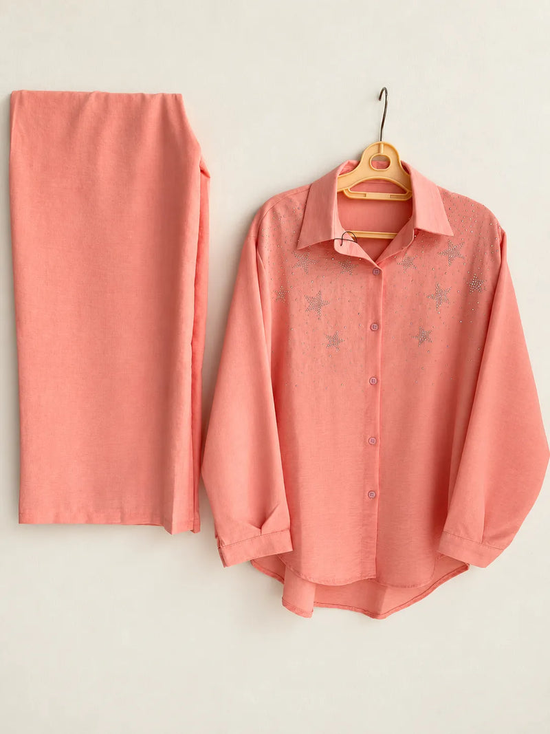 Peach Pink Crinkle Georgette 2-Piece Co-Ord Set with Embroidered Star Accents & Wide-Leg Trousers