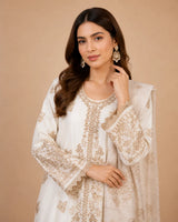 Off-White & Gold Embroidered Lawn 3-Piece Stitched Suit with Organza Cutwork Hem & Embroidered Dupatta