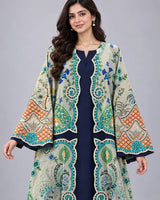 Inkish Blue & Grey Printed Lawn 2 Piece Kaftan Suit | Embroidered Front & Printed Trousers