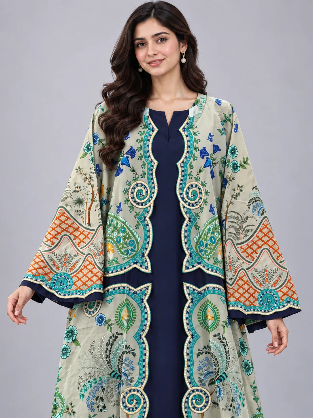 Inkish Blue & Grey Printed Lawn 2 Piece Kaftan Suit | Embroidered Front & Printed Trousers