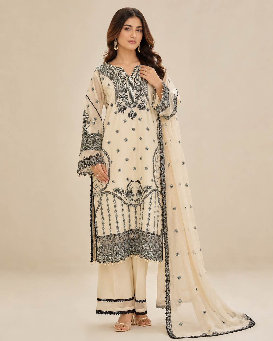 Off-White & Black Schiffli Embroidered Lawn 3-Piece Stitched Suit with Cutwork Hem & Embroidered Dupatta