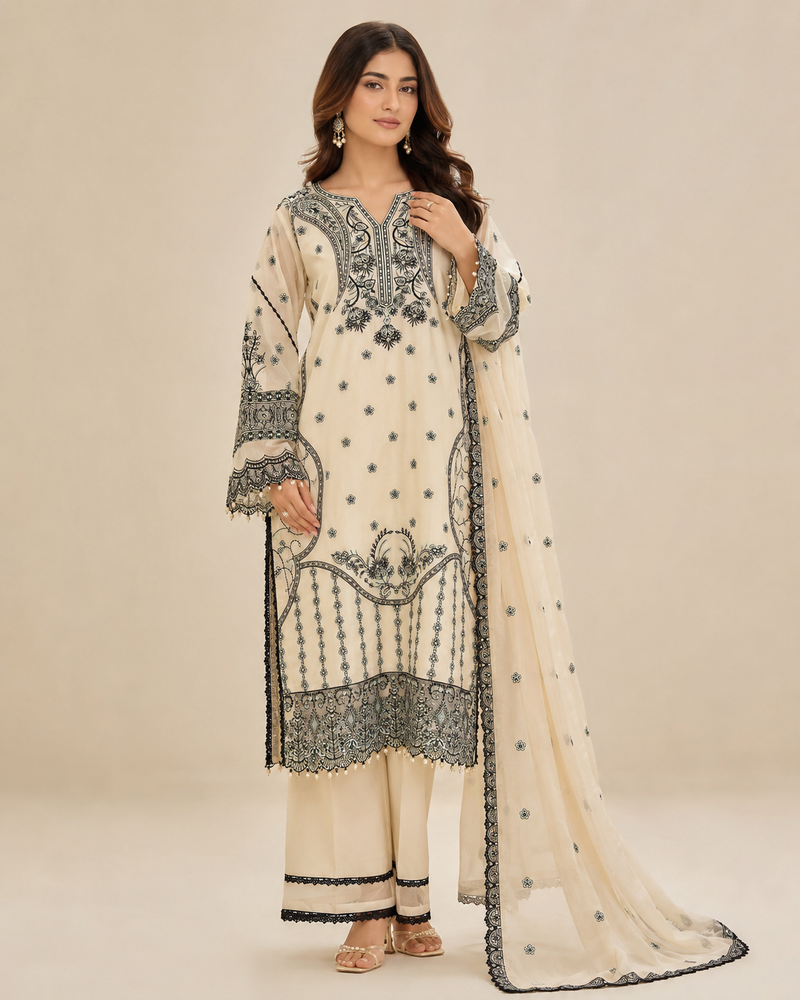 Off-White & Black Schiffli Embroidered Lawn 3-Piece Stitched Suit with Cutwork Hem & Embroidered Dupatta