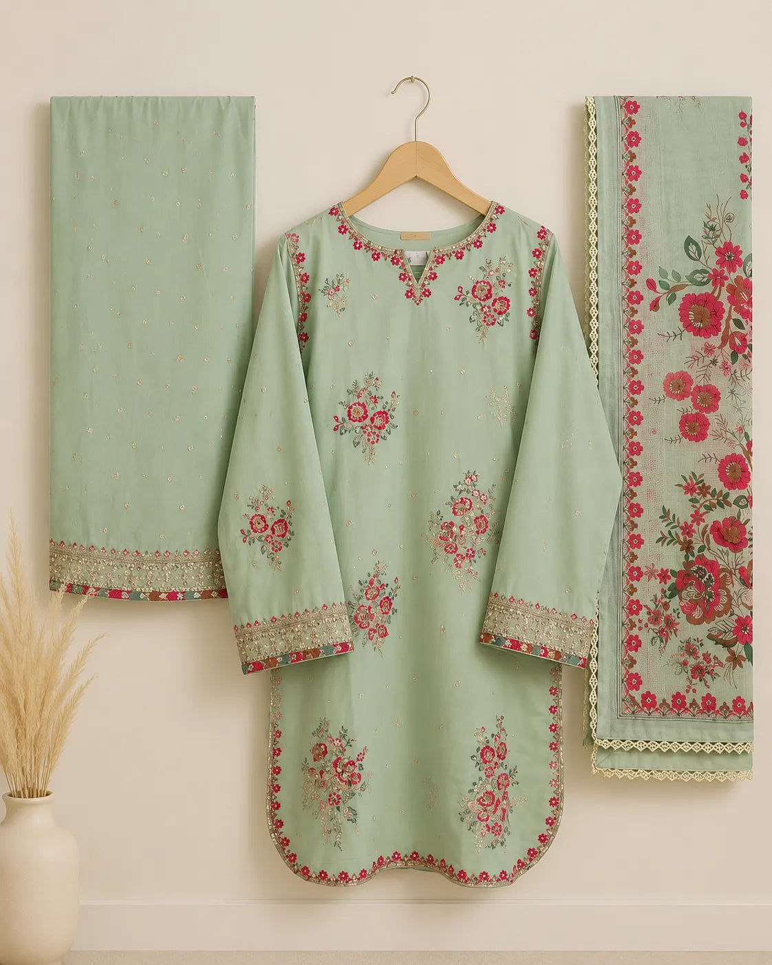 Aqua Blue Short Embroidered Kurti 3-Piece Stitched Suit with Dooria Dupatta