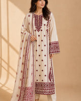 Off-White & Maroon Red Floral Embroidered Lawn 3-Piece Stitched Suit with Embroidered Dupatta