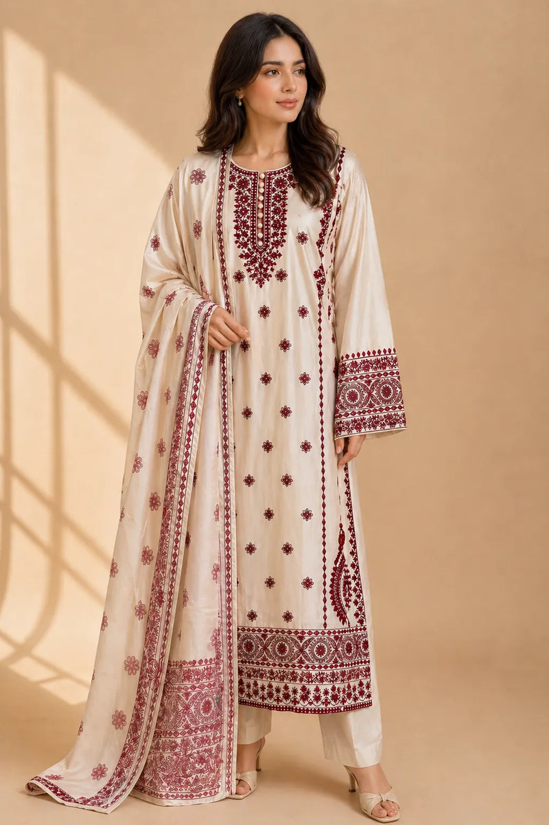 Off-White & Maroon Red Floral Embroidered Lawn 3-Piece Stitched Suit with Embroidered Dupatta