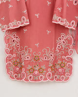 Salmon Pink Short Embroidered Lawn 3-Piece Stitched Suit with Cutwork Hem & Off-White Embroidered Trouser