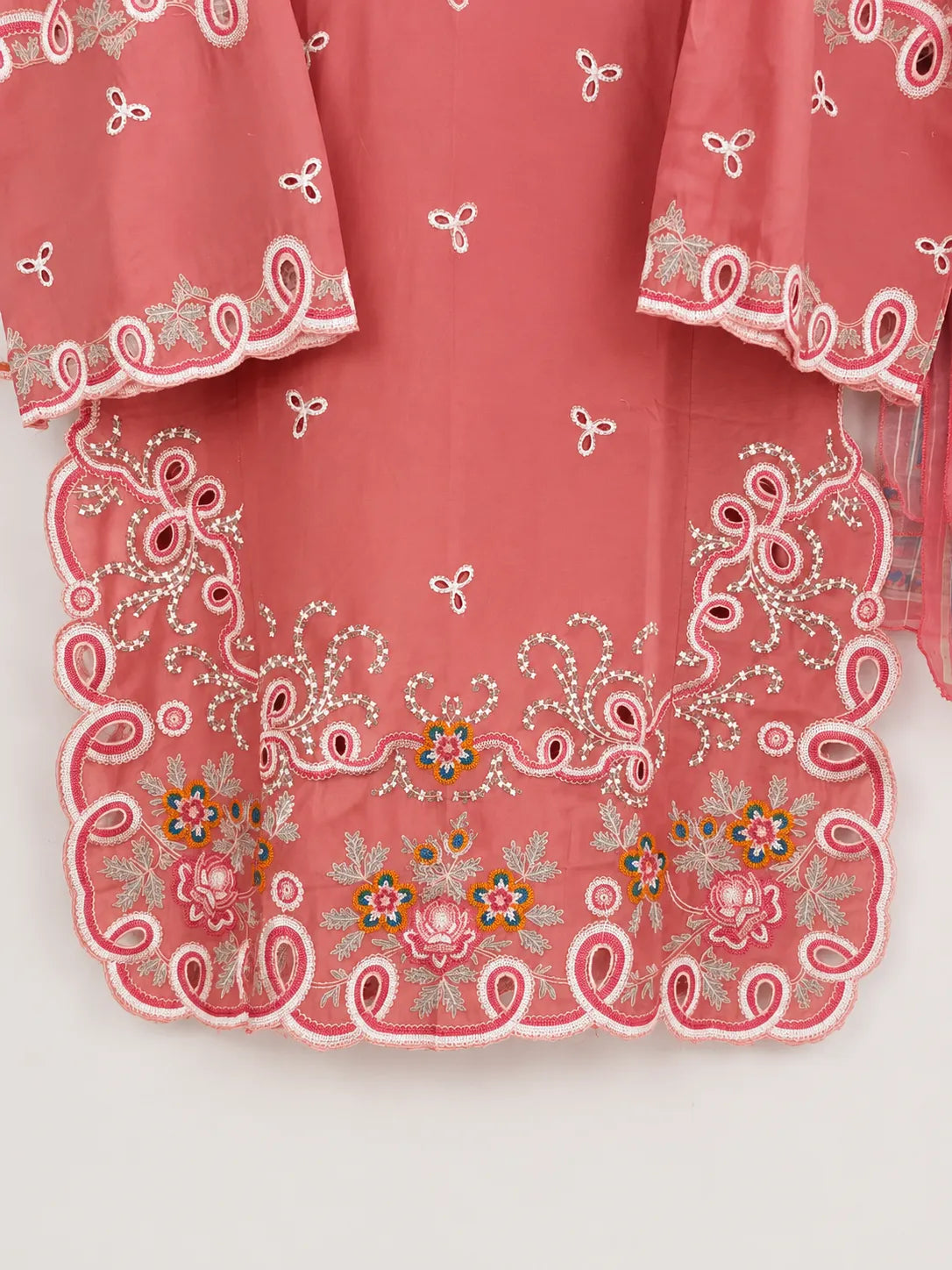 Salmon Pink Short Embroidered Lawn 3-Piece Stitched Suit with Cutwork Hem & Off-White Embroidered Trouser