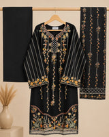 Black Embroidered 3-Piece Stitched Suit with Rust & Ochre Threadwork & Bamber Dupatta