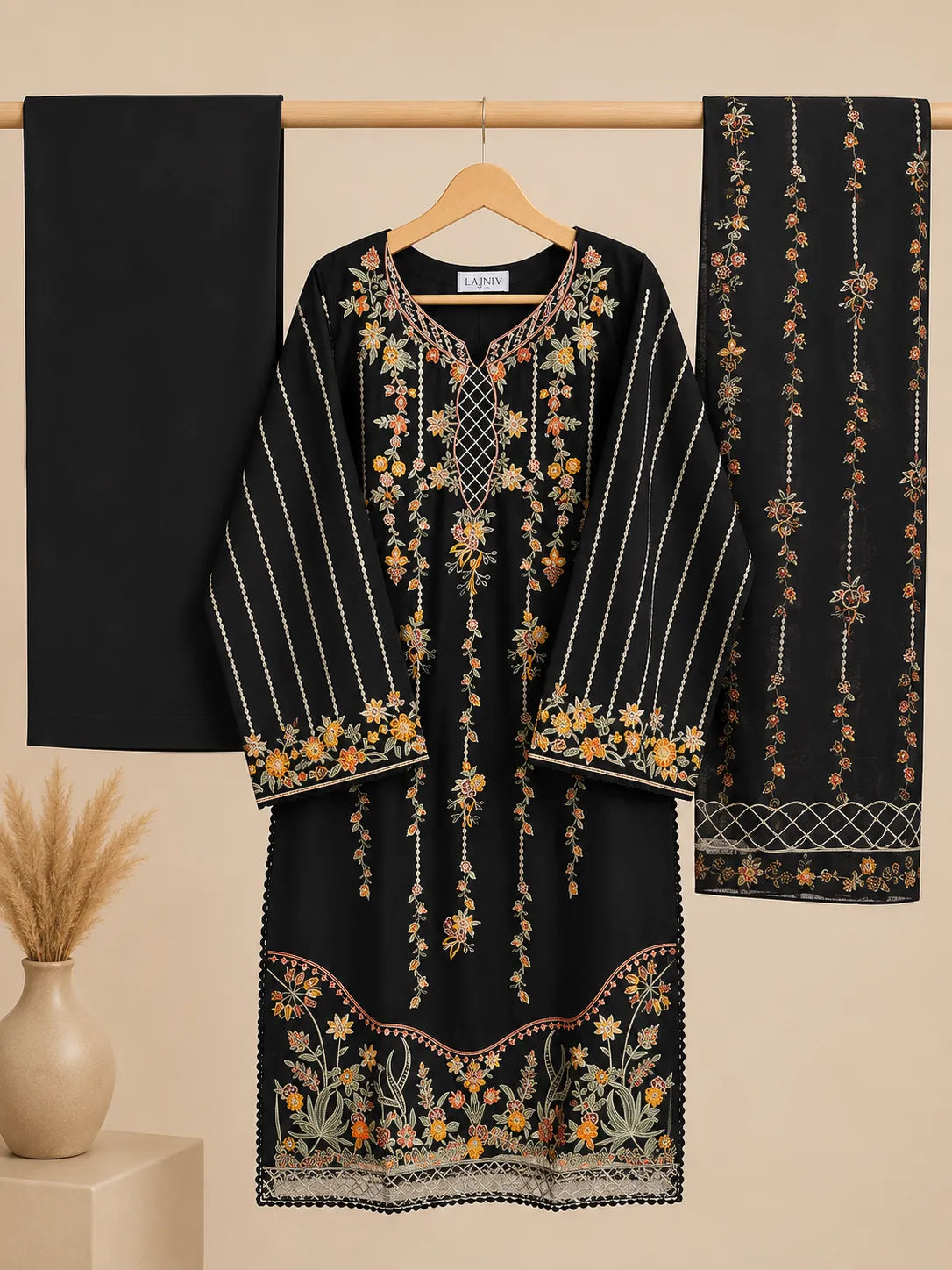Black Embroidered 3-Piece Stitched Suit with Rust & Ochre Threadwork & Bamber Dupatta