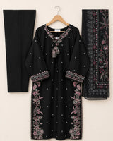 Black Embroidered Long Shirt 3-Piece Stitched Suit with Neckline Tassels & Bamber Dupatta