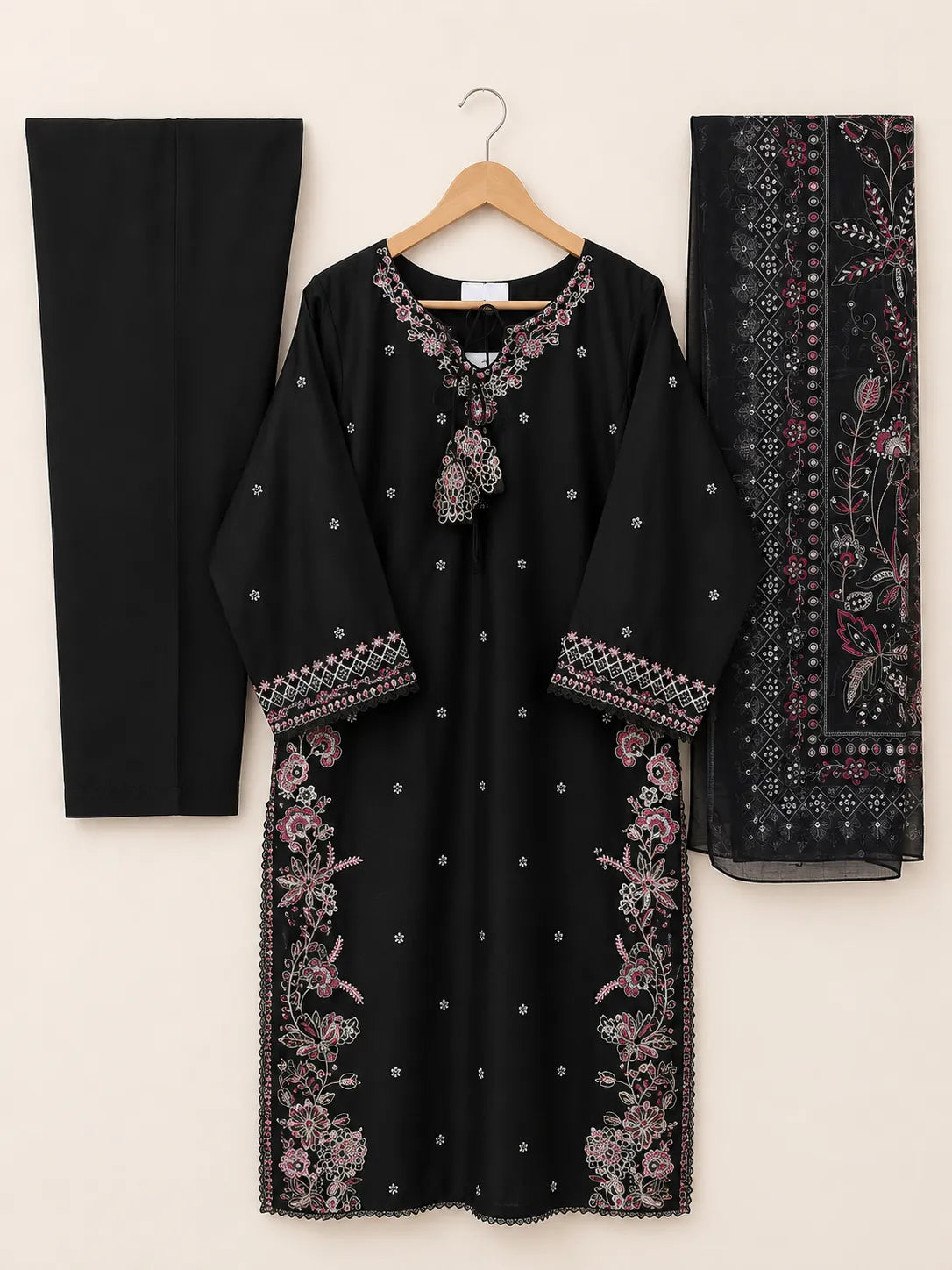 Black Embroidered Long Shirt 3-Piece Stitched Suit with Neckline Tassels & Bamber Dupatta