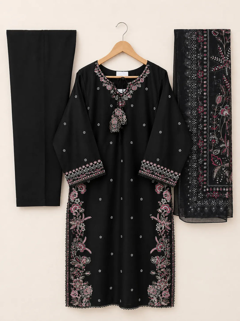 Black Embroidered Long Shirt 3-Piece Stitched Suit with Neckline Tassels & Bamber Dupatta
