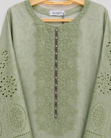 Pistachio Olive Green Embroidered Lawn 3-Piece Stitched Suit with Baggy Cutwork Sleeves & Bamber Chiffon Dupatta