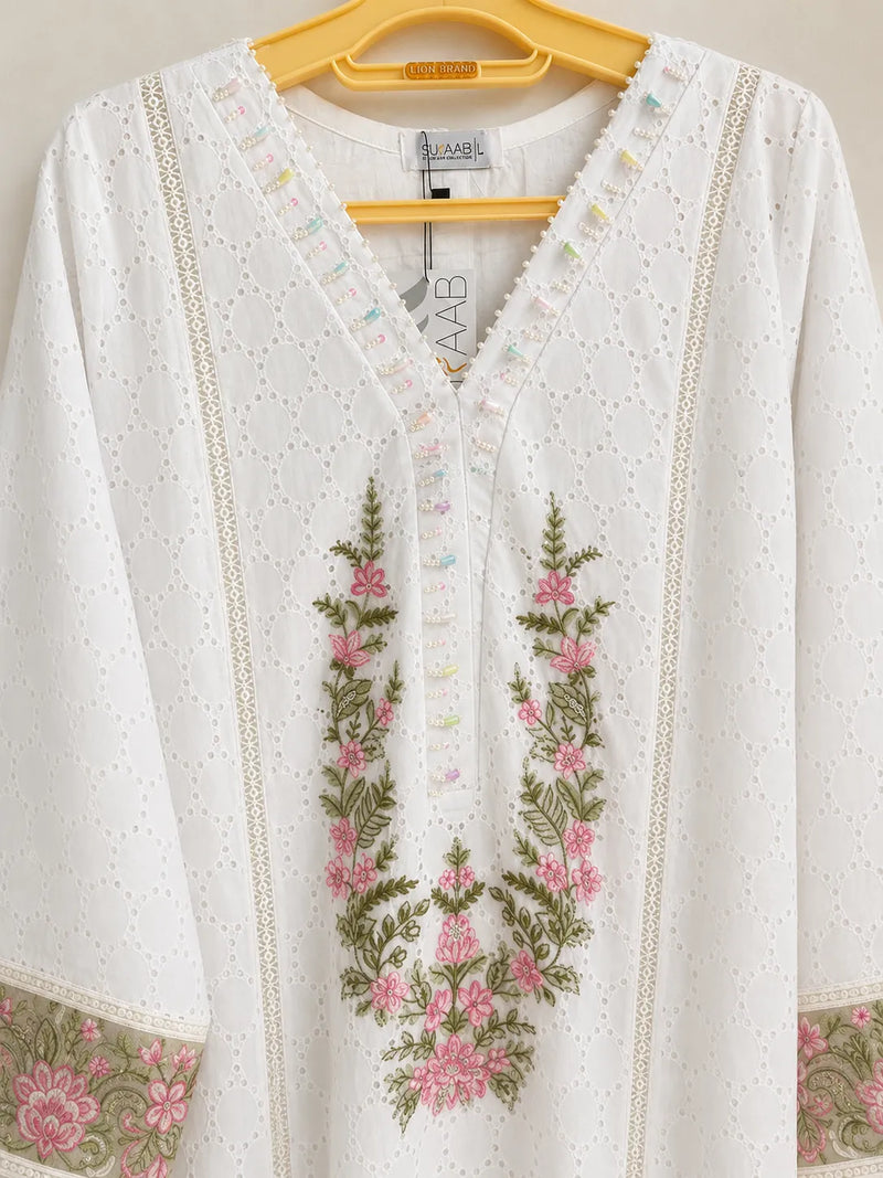 Pure White Schiffli Embroidered Lawn 3-Piece Stitched Suit with Pink Floral Cutwork & Printed Chiffon Dupatta