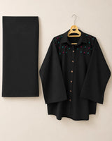 Black Cotton 2-Piece Co-Ord Set with Colorful French Knot Yoke Details & Wide-Leg Trousers