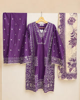 Royal Purple Embroidered Short Lawn Kurti 3-Piece Stitched Suit with Printed Dupatta & Embroidered Trouser