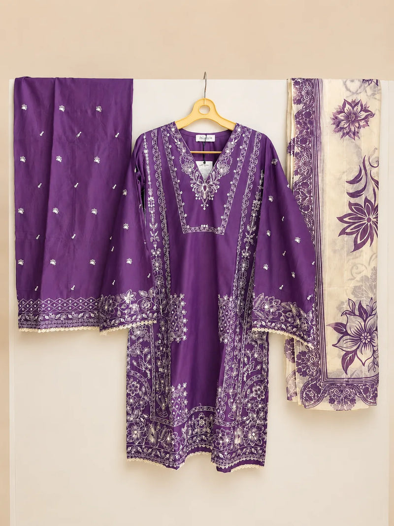 Royal Purple Embroidered Short Lawn Kurti 3-Piece Stitched Suit with Printed Dupatta & Embroidered Trouser