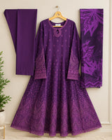 Deep Plum Purple Embroidered Lawn Frock 3-Piece Stitched Suit with Printed Chiffon Dupatta