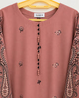 Salmon Pink & Black Paisley Embroidered Lawn 3-Piece Stitched Suit with Doriya Dupatta & Embroidered Trouser