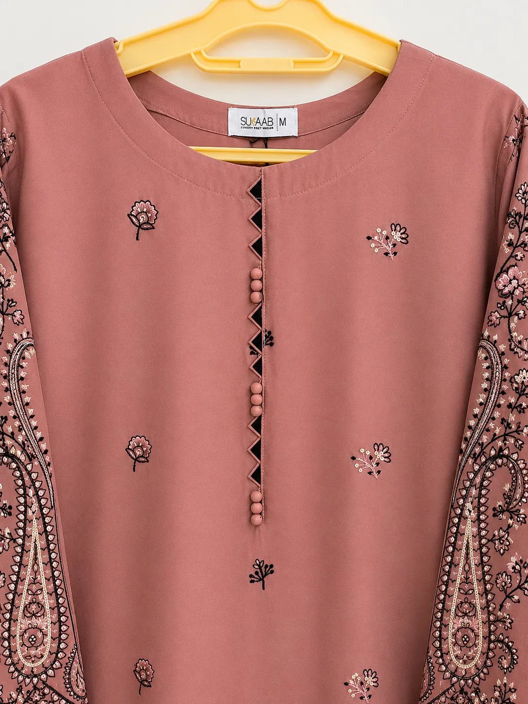 Salmon Pink & Black Paisley Embroidered Lawn 3-Piece Stitched Suit with Doriya Dupatta & Embroidered Trouser