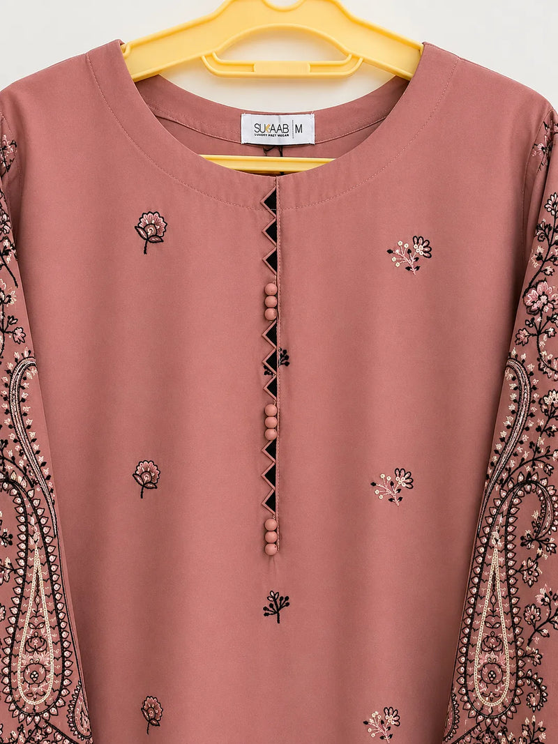 Salmon Pink & Black Paisley Embroidered Lawn 3-Piece Stitched Suit with Doriya Dupatta & Embroidered Trouser