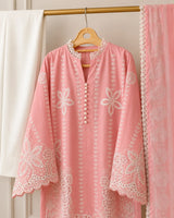 Baby Pink Floral Embroidered 3-Piece Stitched Lawn Suit with White Trousers & Dupatta