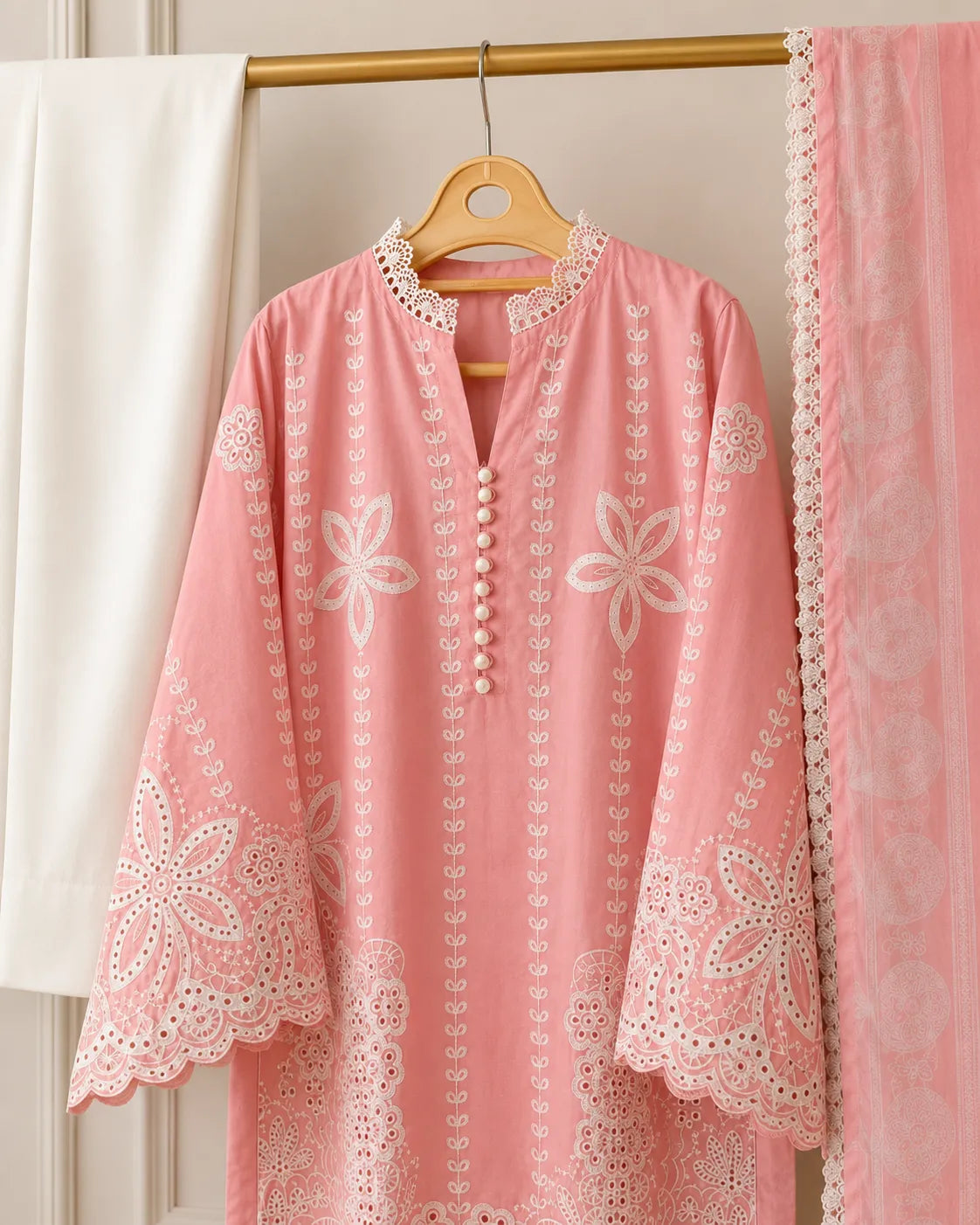 Baby Pink Floral Embroidered 3-Piece Stitched Lawn Suit with White Trousers & Dupatta
