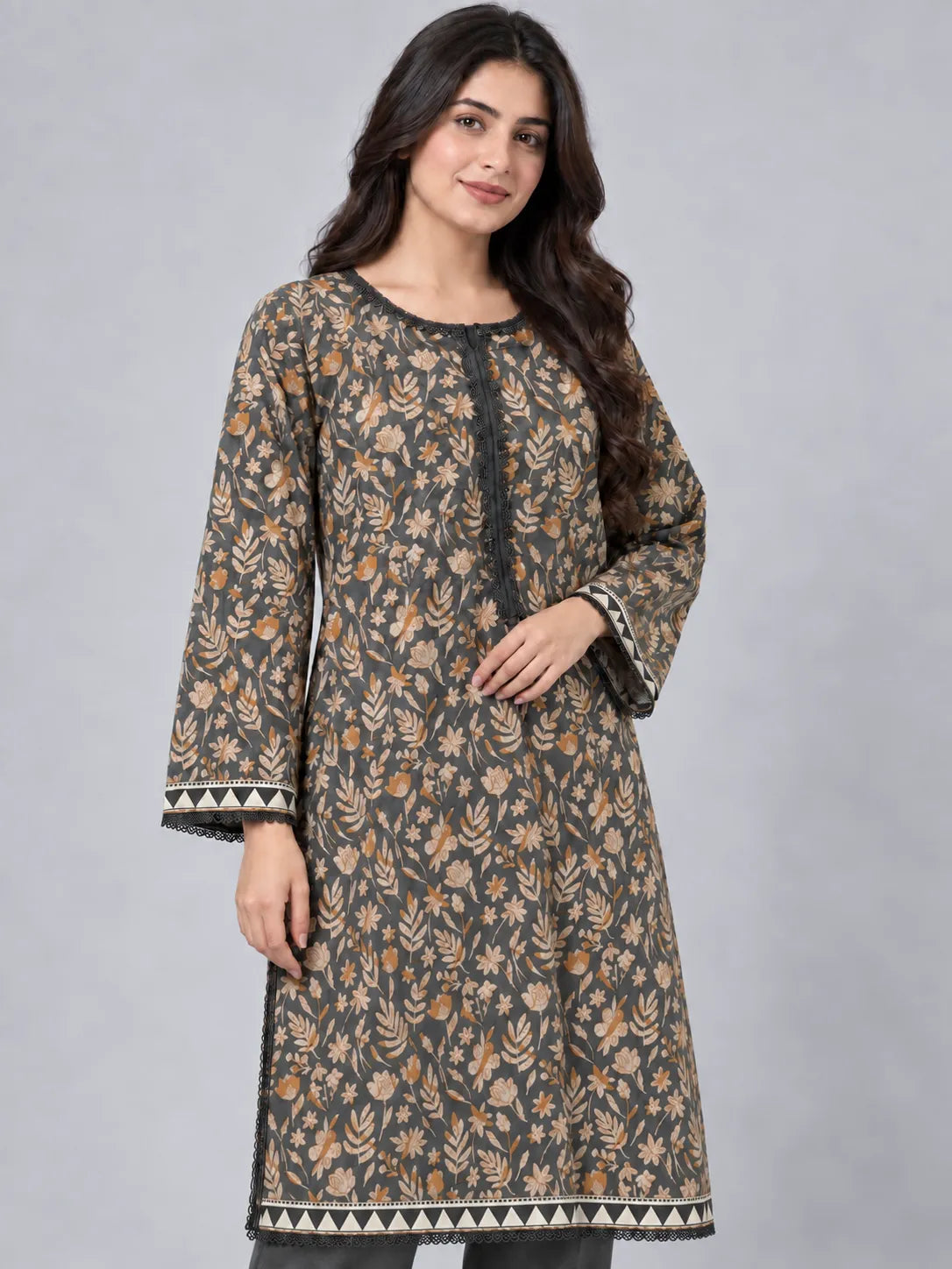 Grey & Orange Floral Printed Lawn 2 Piece Suit | Lace Accents & Solid Trousers