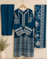 Teal Blue Embroidered Lawn 3-Piece Stitched Suit with Bamber Chiffon Dupatta & Plain Trousers
