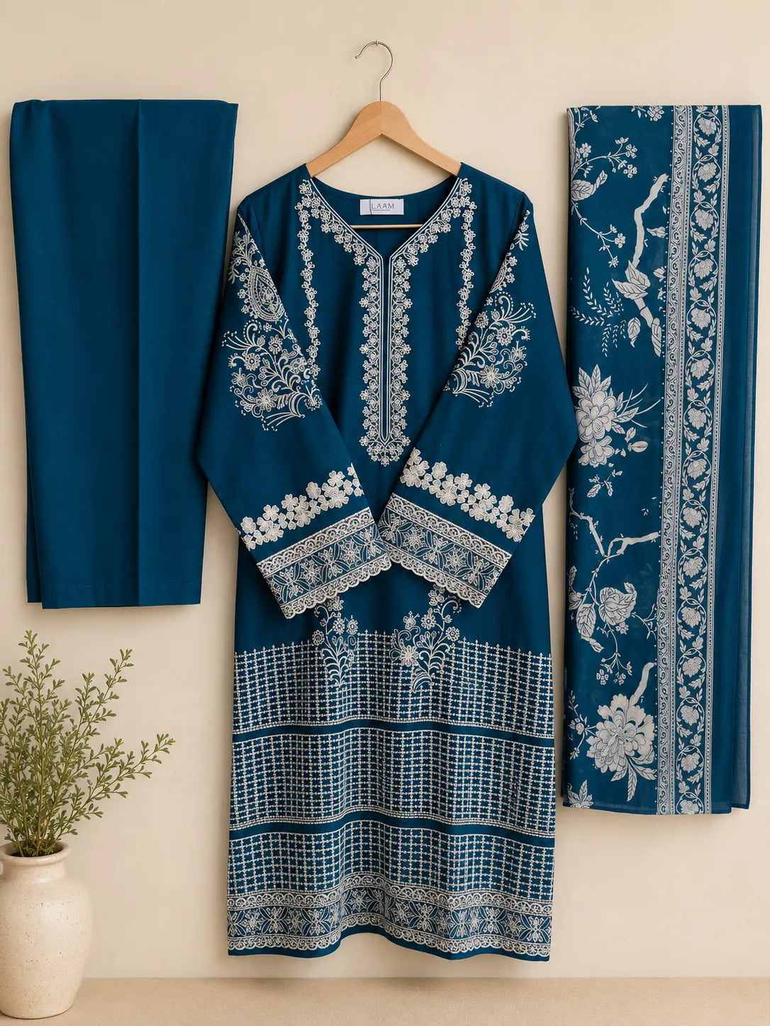 Teal Blue Embroidered Lawn 3-Piece Stitched Suit with Bamber Chiffon Dupatta & Plain Trousers
