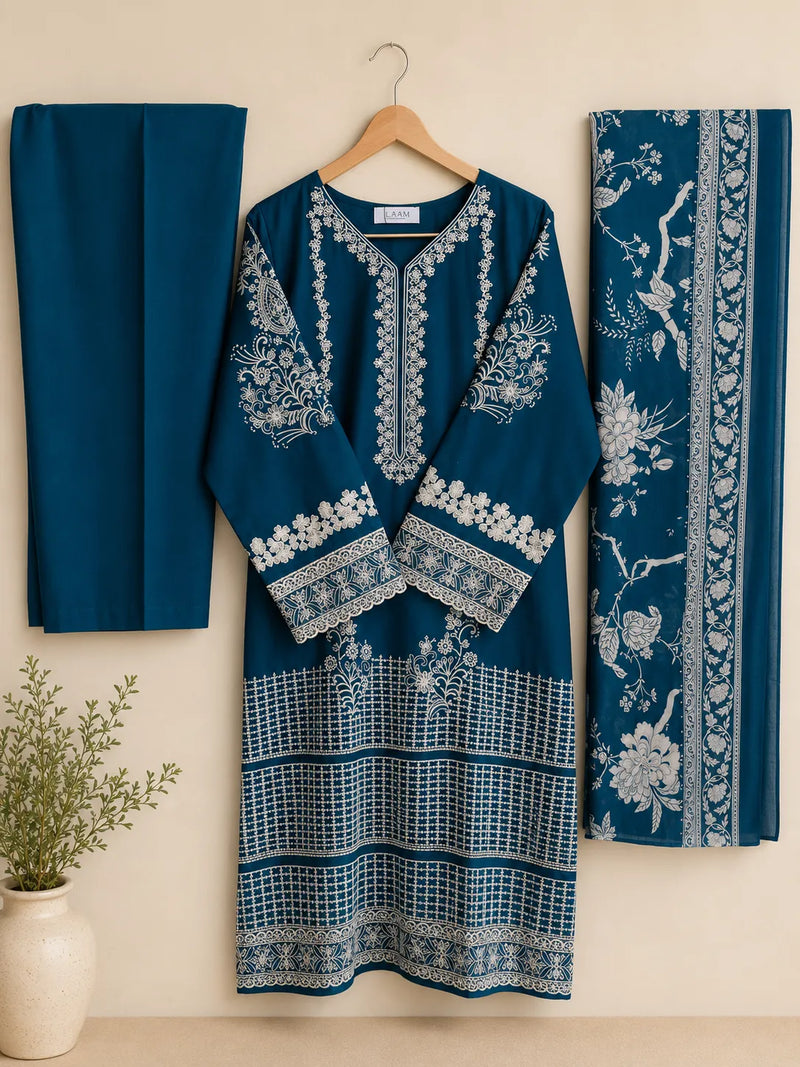 Teal Blue Embroidered Lawn 3-Piece Stitched Suit with Bamber Chiffon Dupatta & Plain Trousers