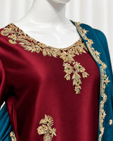 Burgundy & Teal Gold Embroidered 3-Piece (Minimum Customized Order Days 20-25)