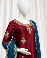 Burgundy & Teal Gold Embroidered 3-Piece (Minimum Customized Order Days 20-25)