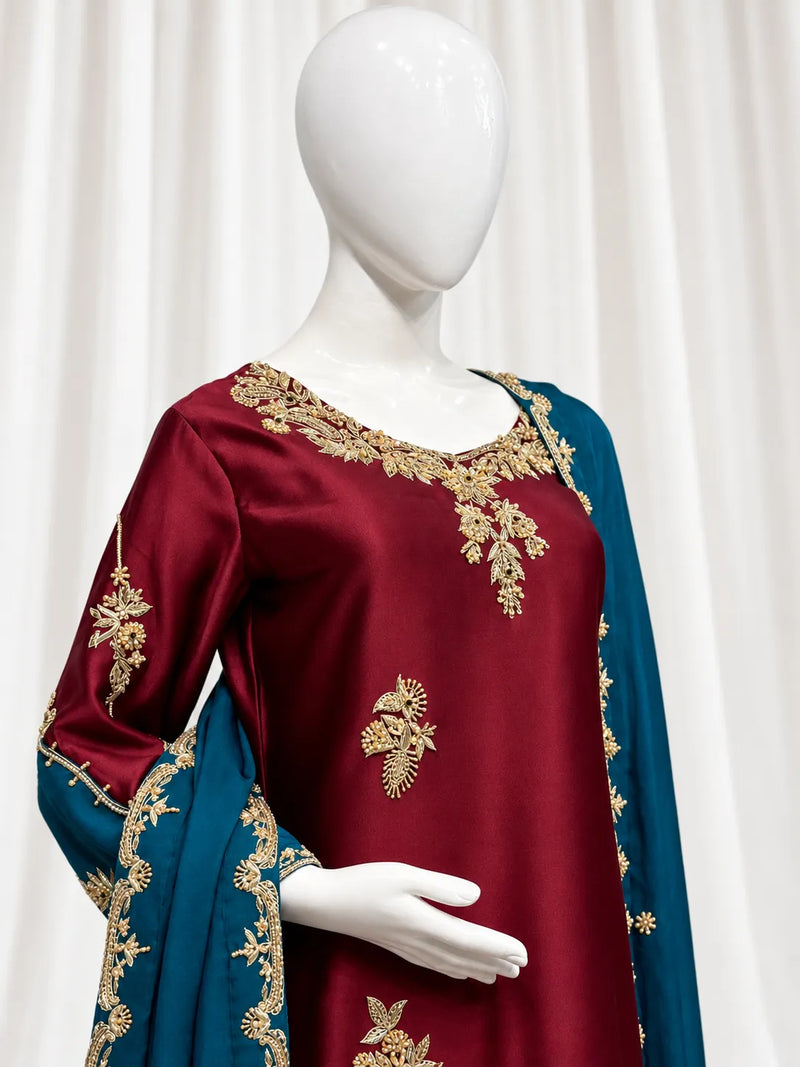 Burgundy & Teal Gold Embroidered 3-Piece (Minimum Customized Order Days 20-25)