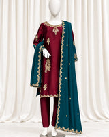 Burgundy & Teal Gold Embroidered 3-Piece (Minimum Customized Order Days 20-25)