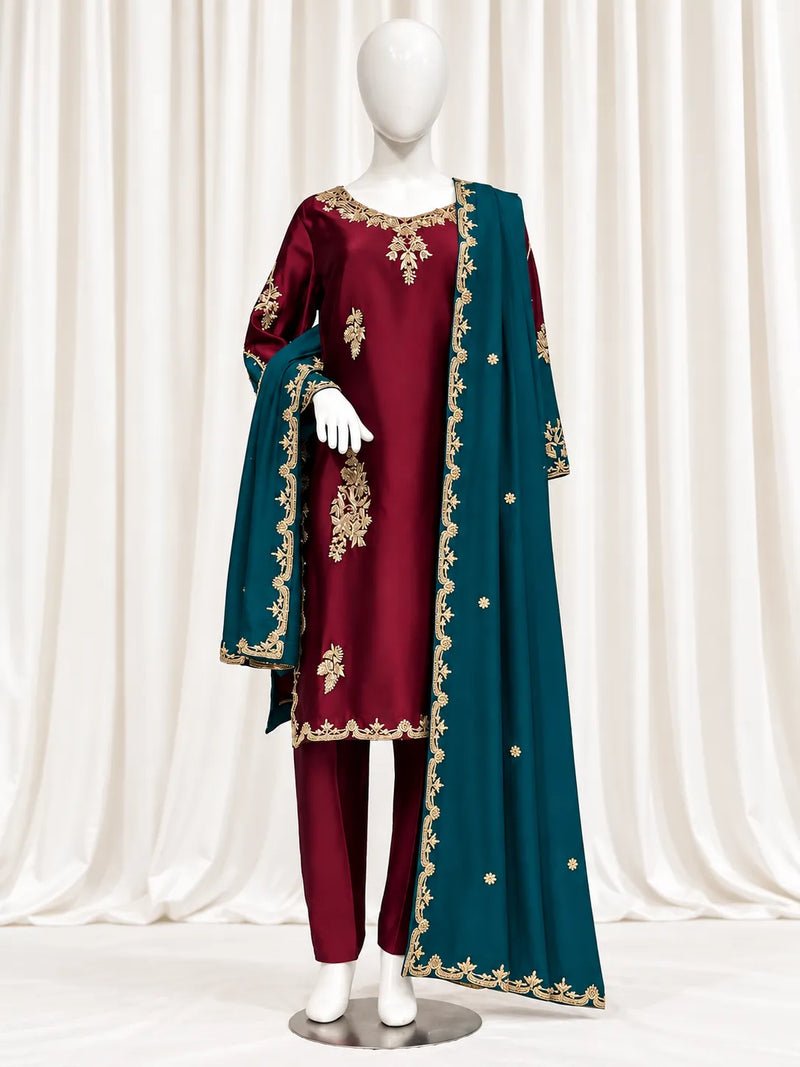 Burgundy & Teal Gold Embroidered 3-Piece (Minimum Customized Order Days 20-25)